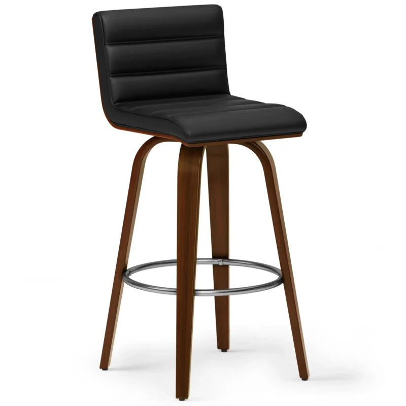 Simpli Home - Roland Mid Century Modern swivel bar stool in vegan faux leather - Black